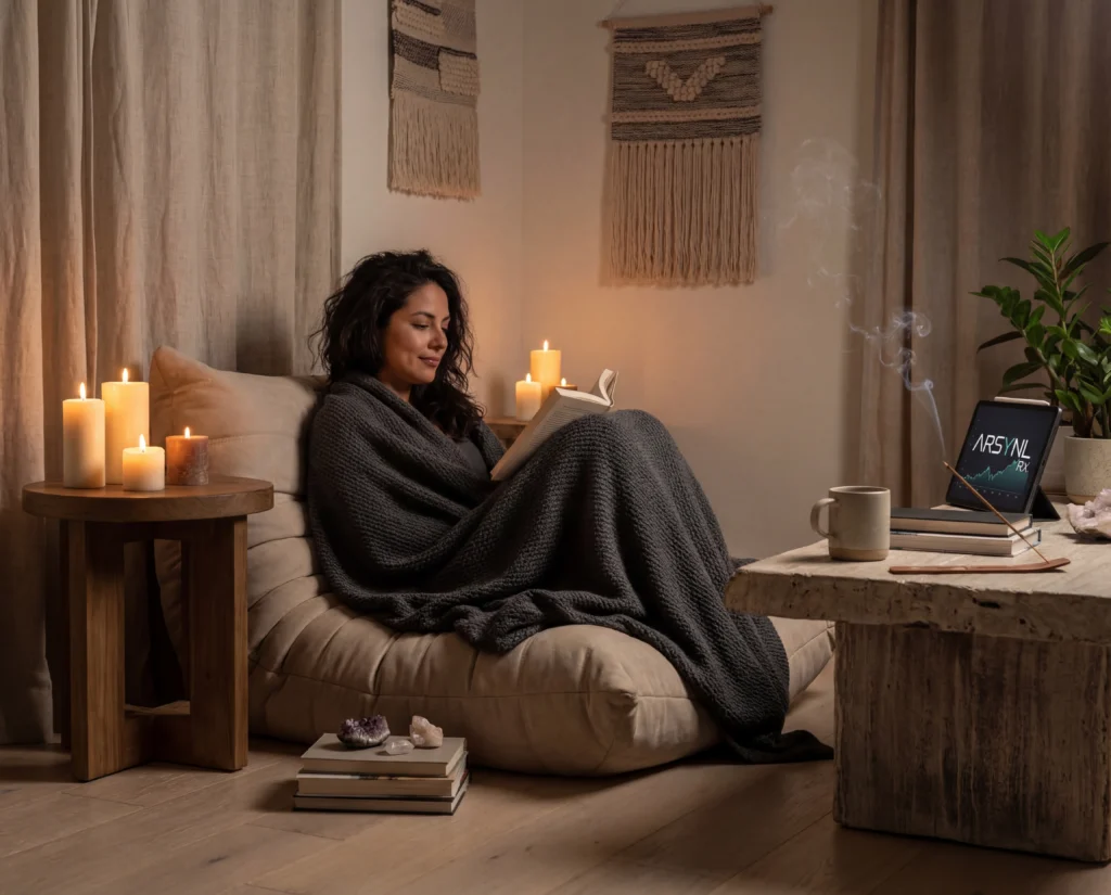 woman relaxing after spraying her arsynl rx trt hypospray for women