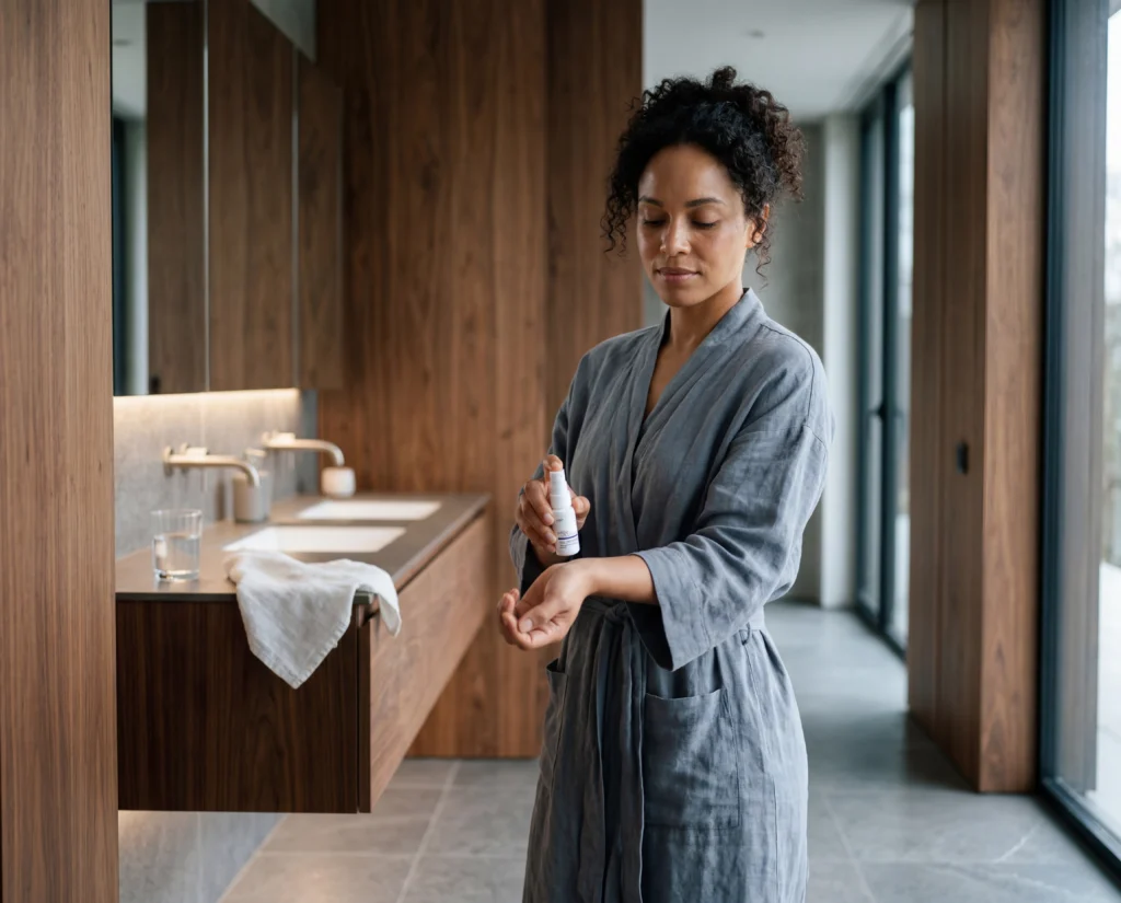 woman sparying arsynl rx testosterone replacement therapy hypospray on her wrist