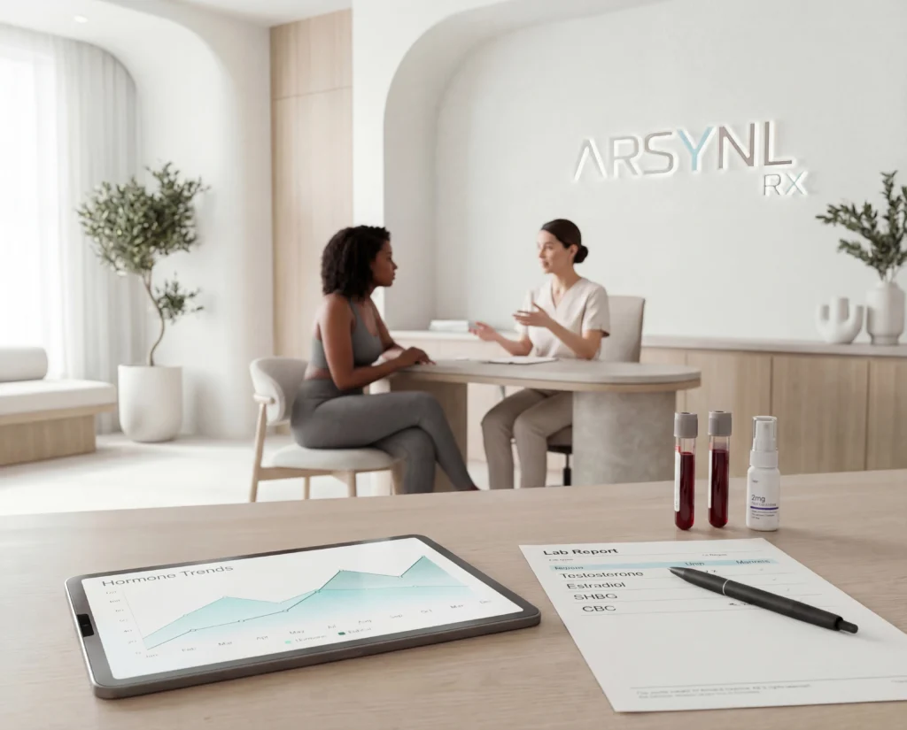 woman consulting with medical provider about arsynl's trt spray therapy
