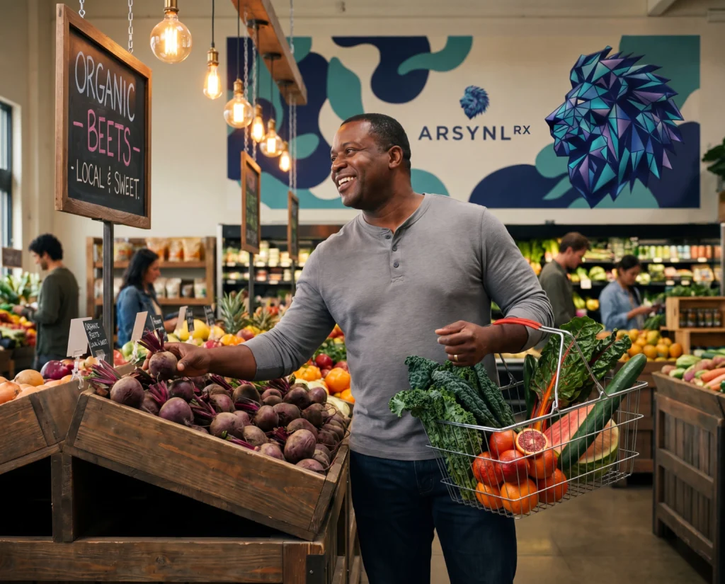 Person choosing healthy groceries while on provider-guided Tirzepatide HypoSpray® therapy