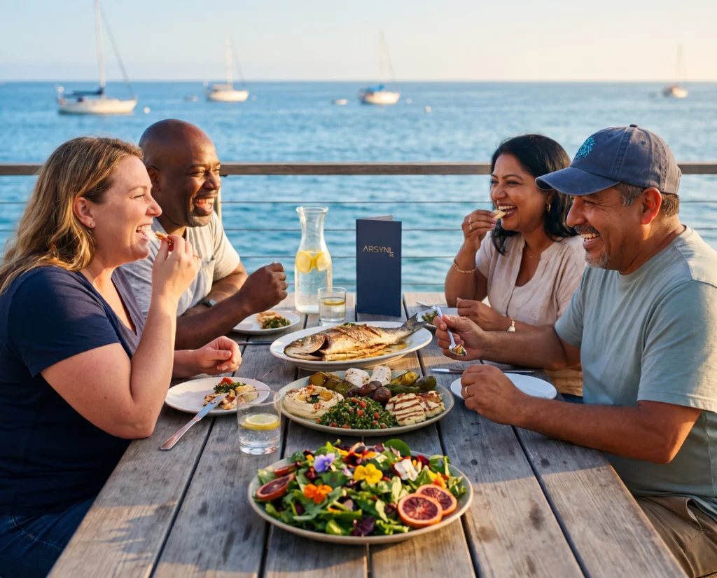 Group of friends enjoying a healthy meal together during provider-guided tirzepatide support