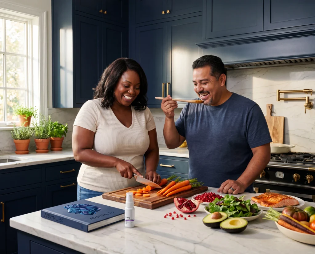 Couple cooking a healthy lunch together while using Tirzepatide HypoSpray® therapy for weight loss