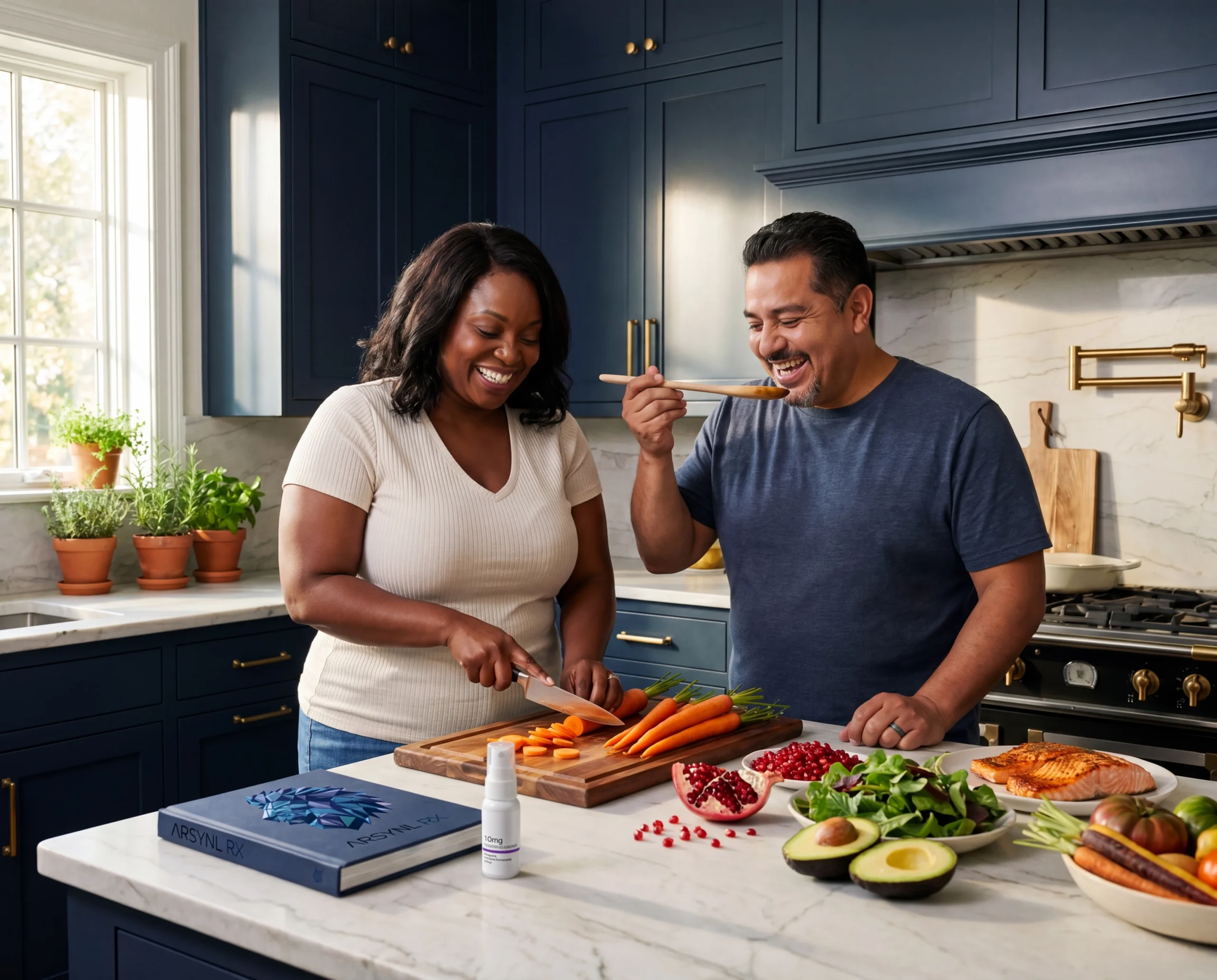 Couple cooking a healthy lunch together while using Tirzepatide HypoSpray® therapy for weight loss