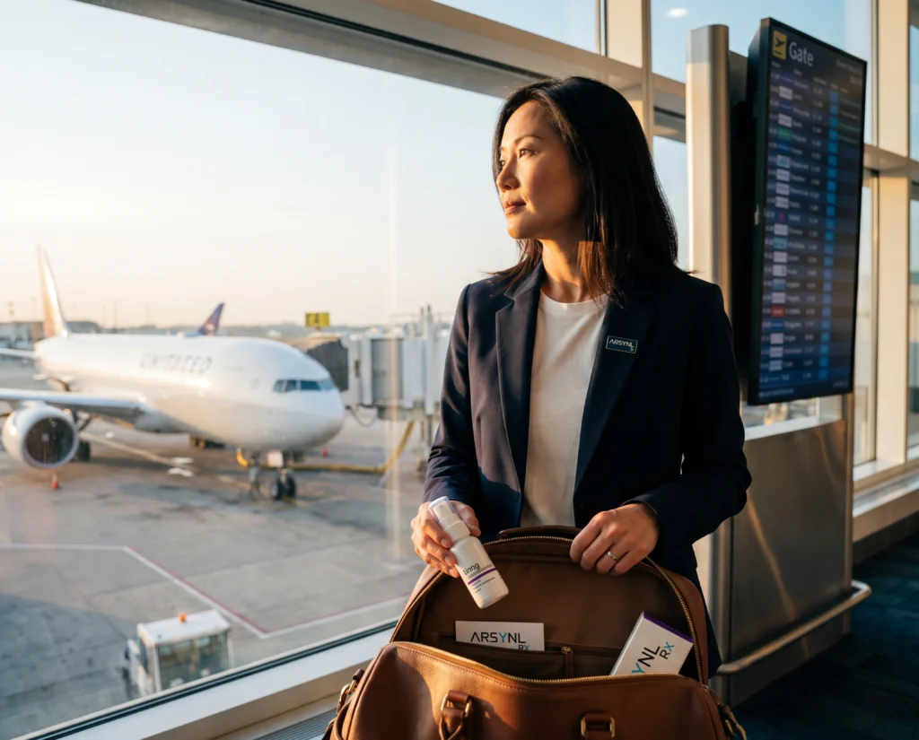 Woman traveling with Tirzepatide HypoSpray® therapy in a convenient daily routine